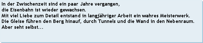 Textfeld: In der Zwischenzeit sind ein paar Jahre vergangen,die Eisenbahn ist wieder gewachsen.Mit viel Liebe zum Detail entstand in langjhriger Arbeit ein wahres Meisterwerk.Die Gleise fhren den Berg hinauf, durch Tunnels und die Wand in den Nebenraum. Aber seht selbst...