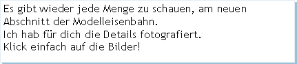 Textfeld: Es gibt wieder jede Menge zu schauen, am neuen Abschnitt der Modelleisenbahn.Ich hab fr dich die Details fotografiert.Klick einfach auf die Bilder!