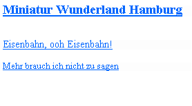 Textfeld: Miniatur Wunderland HamburgEisenbahn, ooh Eisenbahn!Mehr brauch ich nicht zu sagen